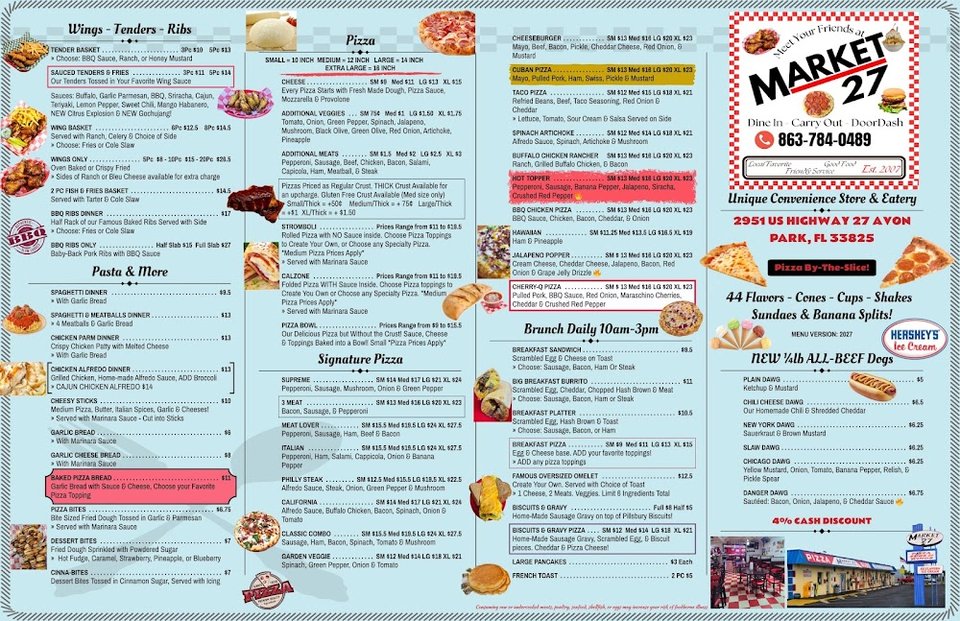 Menu page featuring breakfast, pizza, and sides.