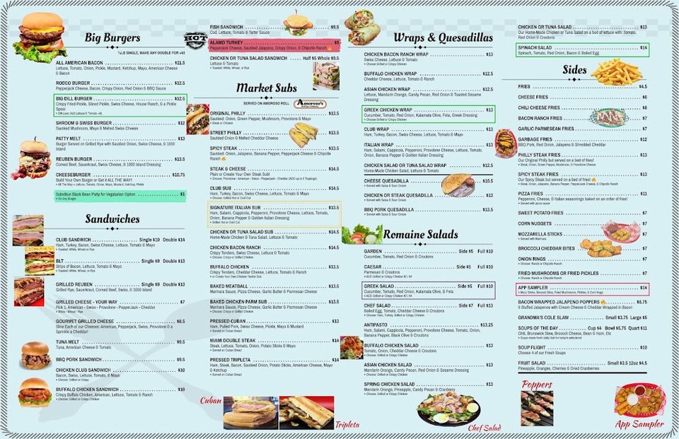 Printed menu with build-your-own pizza options.